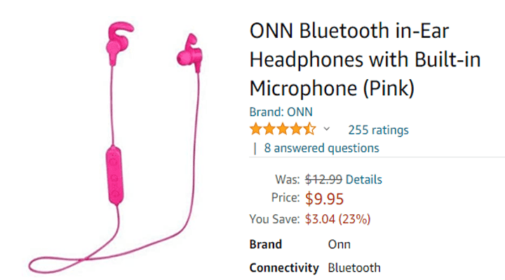 ONN Bluetooth in-Ear Headphones with Built-in Microphone (Pink)